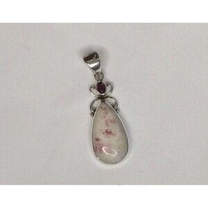 Thulite Pendant 14x10mm - Pear Shaped, Red, White, Sterling Silver
